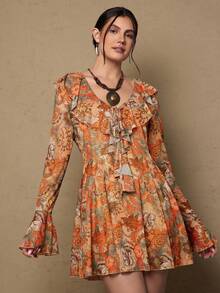 SHEIN VCAY Đầm maxi dáng bohemian cổ chữ V in hoa tay bồng có thắt lưng dành cho nữ cỡ lớn, thích hợp cho mùa xuân/thu. - Gỗ đỏ - Xem 1
