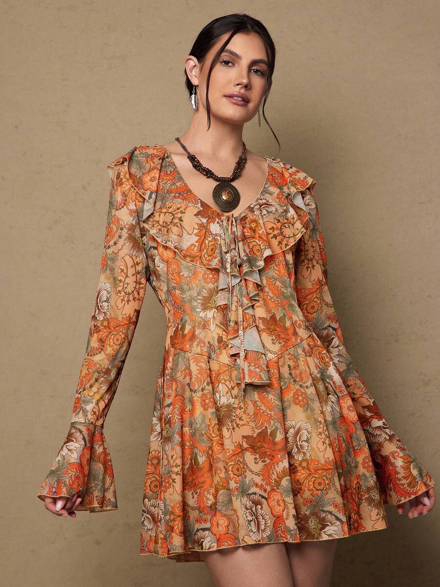 SHEIN VCAY Đầm maxi dáng bohemian cổ chữ V in hoa tay bồng có thắt lưng dành cho nữ cỡ lớn, thích hợp cho mùa xuân/thu. - Gỗ đỏ - Xem 1