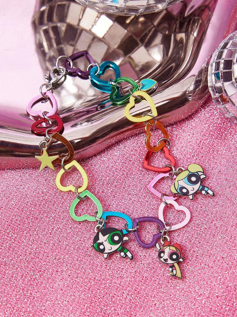 THE POWERPUFF GIRLS X SHEIN 1条时尚新款锌合金卡通图案印花彩色爱心手链，休闲可爱，适合派对、音乐会、节日等场合佩戴。 - 彩色 - 查看 1