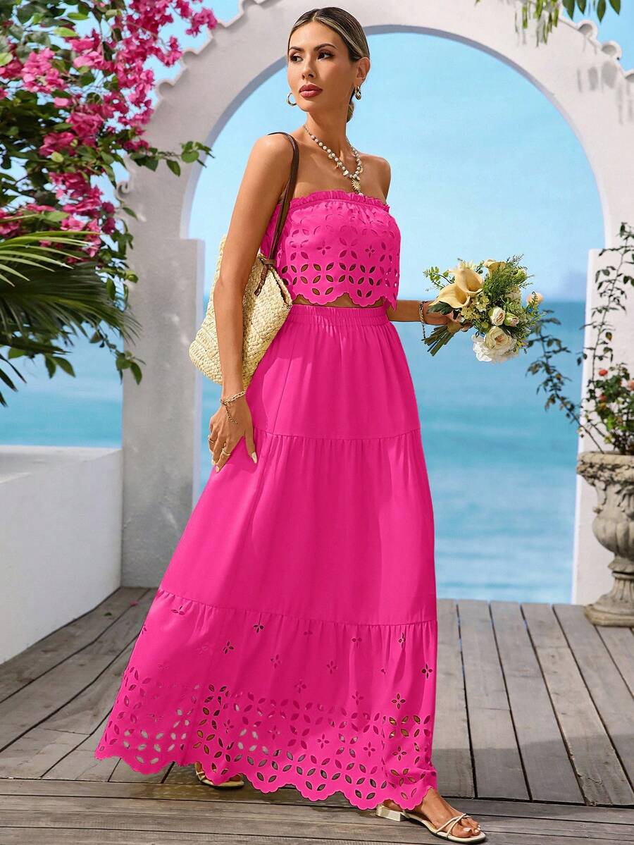 Vivid Eden 女士无肩带镂空荷叶边露脐上衣和半身裙休闲度假套装，纯色/格子/条纹/休闲款 - 玫紅色 - 查看 1