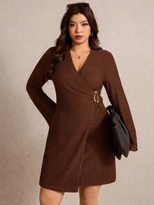 Elaquor Plus Size Solid Color Wrap Dress, Suitable For Commuting Plus Size Brown Dress - Coffee Brown - View 7