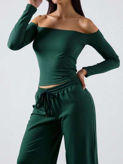 TypaGal Conjunto informal de 2 piezas de top corto y pantalones de unicolor con hombros descubiertos y manga larga para mujer