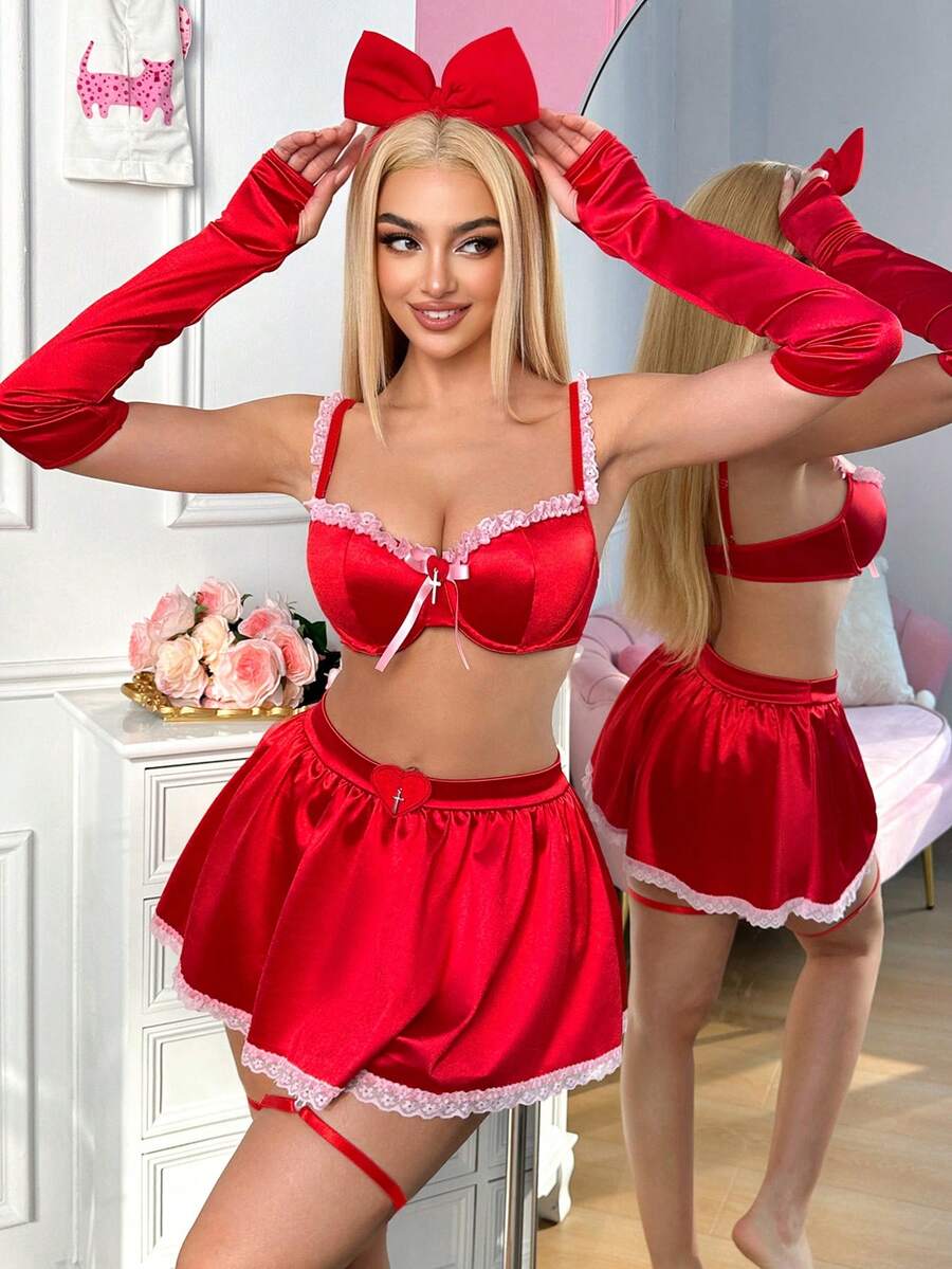 Fantasy Costume Fantasy Costume Valentine's Day Lace Patchwork Lingerie 7-Piece Set - Red - View 1
