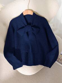 CosyJoli Plus Size Elegant French Bowknot Knit Blouse, Casual & Romantic For Vacation Bow Clothes Sweater Women Sweater Bow Sweater Navy Blue Sweater/Winter - Navy Blue - View 4
