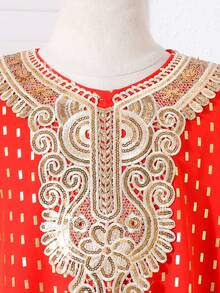 女童红色箔印长袖金色领子碎花连衣裙，黑色网纱罩衫，优雅服饰，春秋季装 - 紅色 - 查看 6