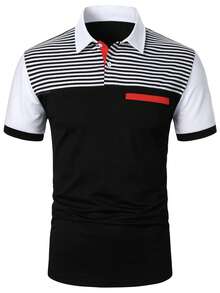 Manfinity Homme Men's Striped Short Sleeve Casual Commuter Polo Shirt Golf Shirt For Men Mens T Collar T Shirt Men Summer Outfits Zipper Polo Shirt Men T Shirts - Multicolor - View 4