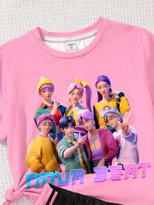 Bộ 2 món quần short tay ngắn tối giản phong cách Dopamine Color dành cho bé gái tuổi teen, in hình hoạt hình cô gái K-POP, thích hợp cho mùa hè. - Nhiều màu - Xem 5