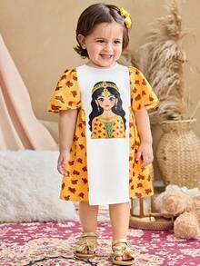 SHEIN Vestido de manga corta con estampado floral y de dibujos animados para bebé niña - Multicolor - Ver 5
