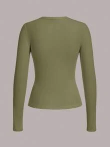 SHEIN BASICS 女士休闲纯色针织圆领长袖修身T恤 - 薄荷綠 - 查看 2