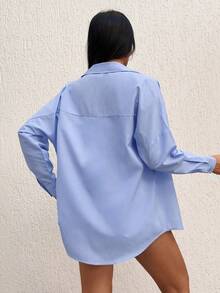 EURMUSE Cotton Solid Button Front Drop Shoulder Shirt - Blue - View 2