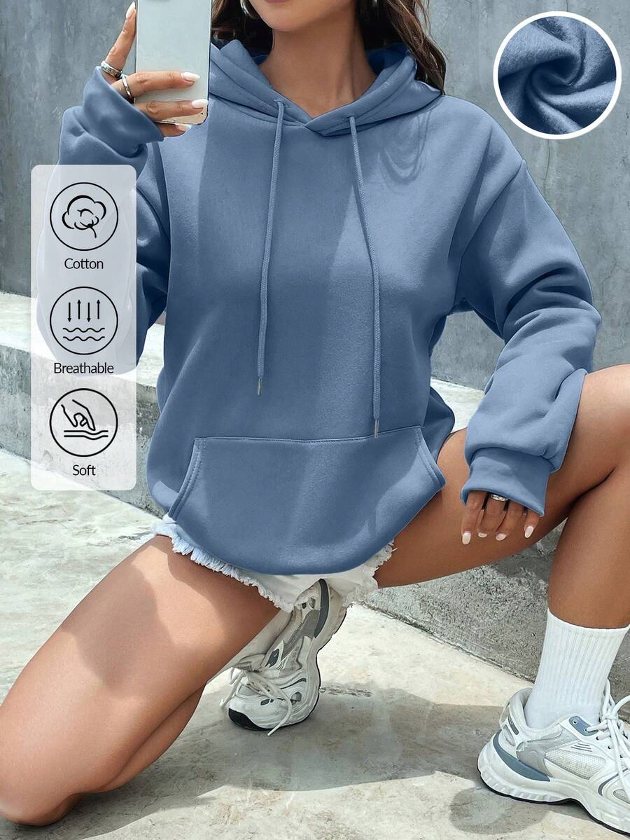 EURMUSE Cotton Solid Drawstring Pocket Detail Thermal Lined Hoodie - Blue - View 1