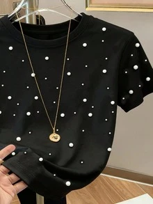 Resyla 镶钻简约女式常规圆领短袖T恤，送朋友的绝佳礼物 - 黑色 - 查看 4