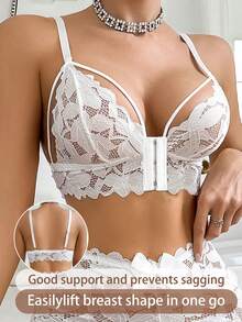DesireSculpt 1 Stück Damen Spitze Vorderseiten-Verschluss BH ohne Bügel - Weiss - Übersicht 4