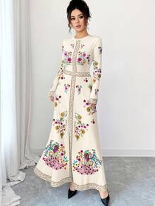 Modelyn 女士夏季花卉几何数码印花圆领长袖A字连衣裙 - 彩色 - 查看 4