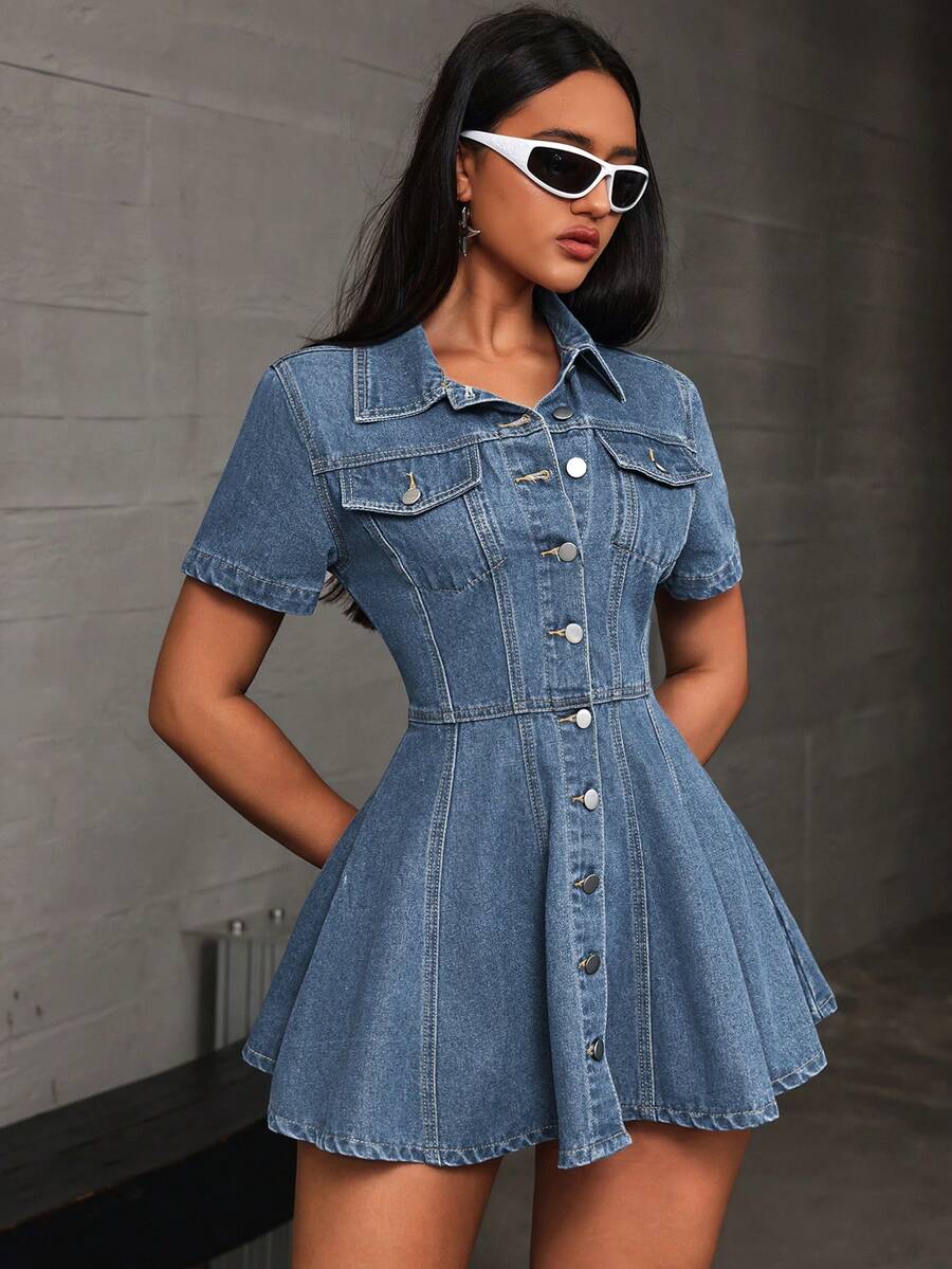 SHEIN EZwear 女士短袖单排扣休闲牛仔衬衫裙套装 - 藍色 - 查看 1