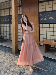 DAZY 女士圆领镂空心形蝴蝶结甜美韩版公主风派对长裙 春季 - 淺粉色 - 查看 5