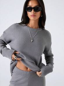 LYSMO 女士纯色圆领长袖毛衣和长裤休闲常规装，秋冬 - 灰色 - 查看 5