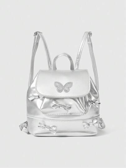 Kawaii Damen Rucksack mit großer Kapazität, modisch mit mehreren Schleifen, in Silber für den täglichen Gebrauch