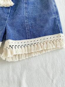 SHEIN Vintaside Kids 2pcs/Set Tween Girls' Formal Sweet & Cute Textured Fabric Embroidered Floral Pattern Paired With Denim Fringe Shorts Set, Suitable For Daily, Casual, Vacation, Gathering - Multicolor - View 9