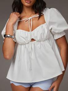 Athîral 纯色褶裥装饰前领短泡泡袖时尚衬衫。白色上衣。适合夏季穿着。度假风女装。波西米亚风穿搭 - 白色 - 查看 5