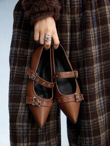 CUCCOO GRLICON 女士尖头搭扣设计时尚百搭平底鞋 - 棕色 - 查看 4