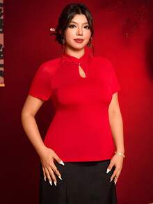 Cravure Plus Size Women's Elegant Vintage Chinese Style Button Decor Red T-Shirt, Short Sleeve - Red - View 6
