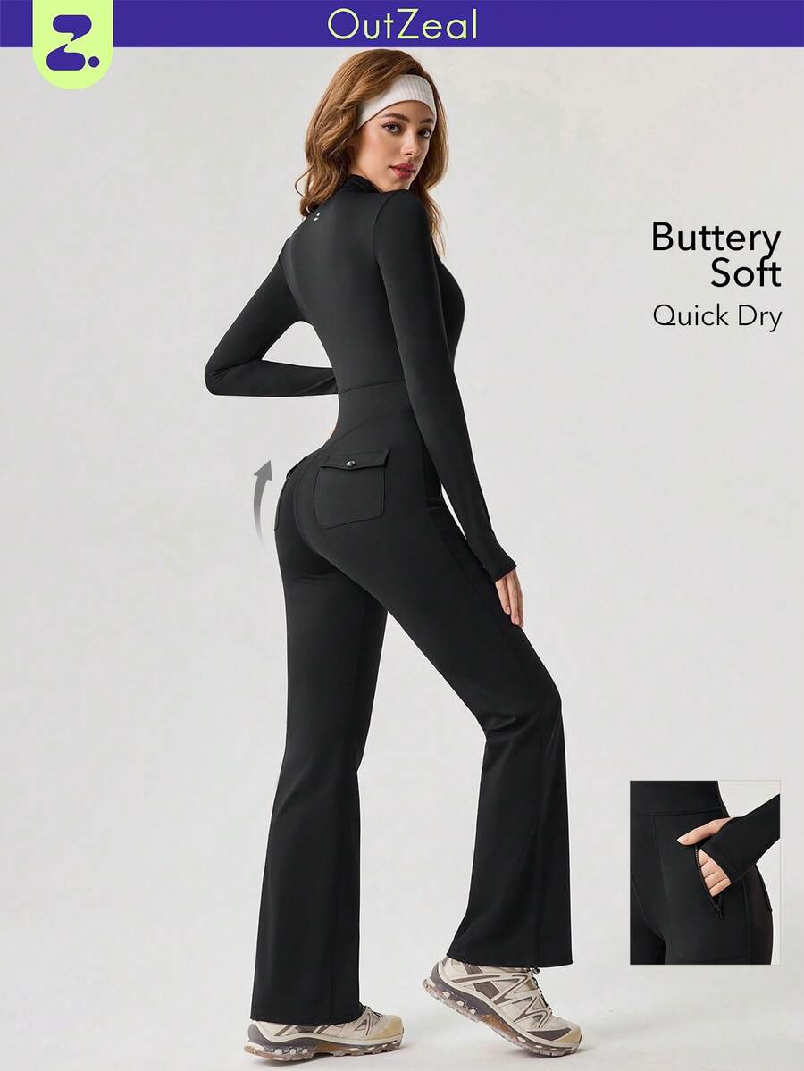 OutZeal 女士速干柔软户外连体裤，秋冬季前拉链立领多口袋设计 - 黑色 - 查看 1