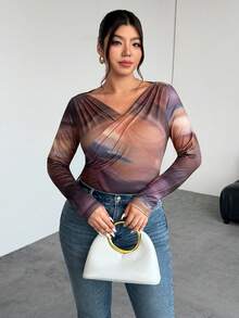 SHEIN Privé 大码女士优雅简约时尚性感连体衣，适合通勤、音乐节、度假等场合，不对称领口，垂坠设计，弹力长袖，秋冬季款 - 彩色 - 查看 6