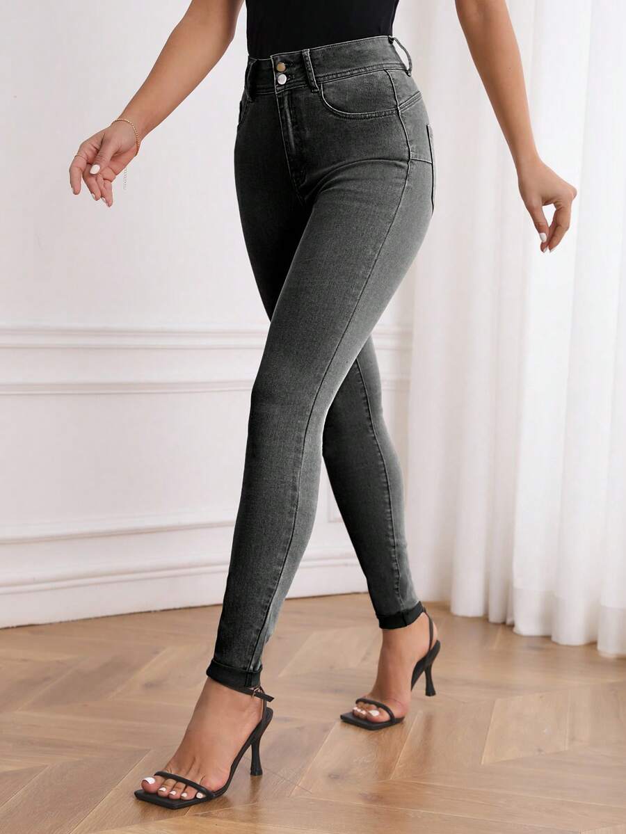 SHEIN Frenchy 女士时尚水洗斜插口袋修身牛仔裤 - 灰色 - 查看 1