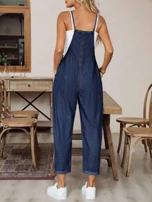EMERY ROSE New Style Women's Denim Overalls Suspenders Loose Straight Jumpsuit Side Pockets And Jumpsuit Blue Jumpsuit Fall Women Clothes Back To School Halloween Going Out Cargo Pants Women - Dark Wash - View 3