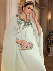 Al Najma Women's Elegant Sequin Decorated Poncho Sleeve Turkish Maxi Dress,Arabic Traditional Abaya Kaftan Jalabiya,Luxury Evening Wedding Party Sage Dresses - Green - View 7