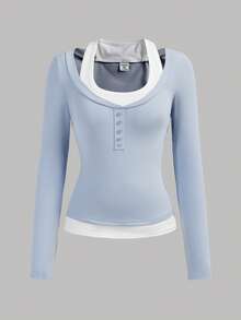 SHEIN Girlism 少女撞色拼接二合一设计T恤，修身休闲款 - 藍色 - 查看 5