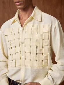 AKNOTIC 男士翻领单排扣条纹针织休闲/商务长袖衬衫 - 淡黃色 - 查看 2