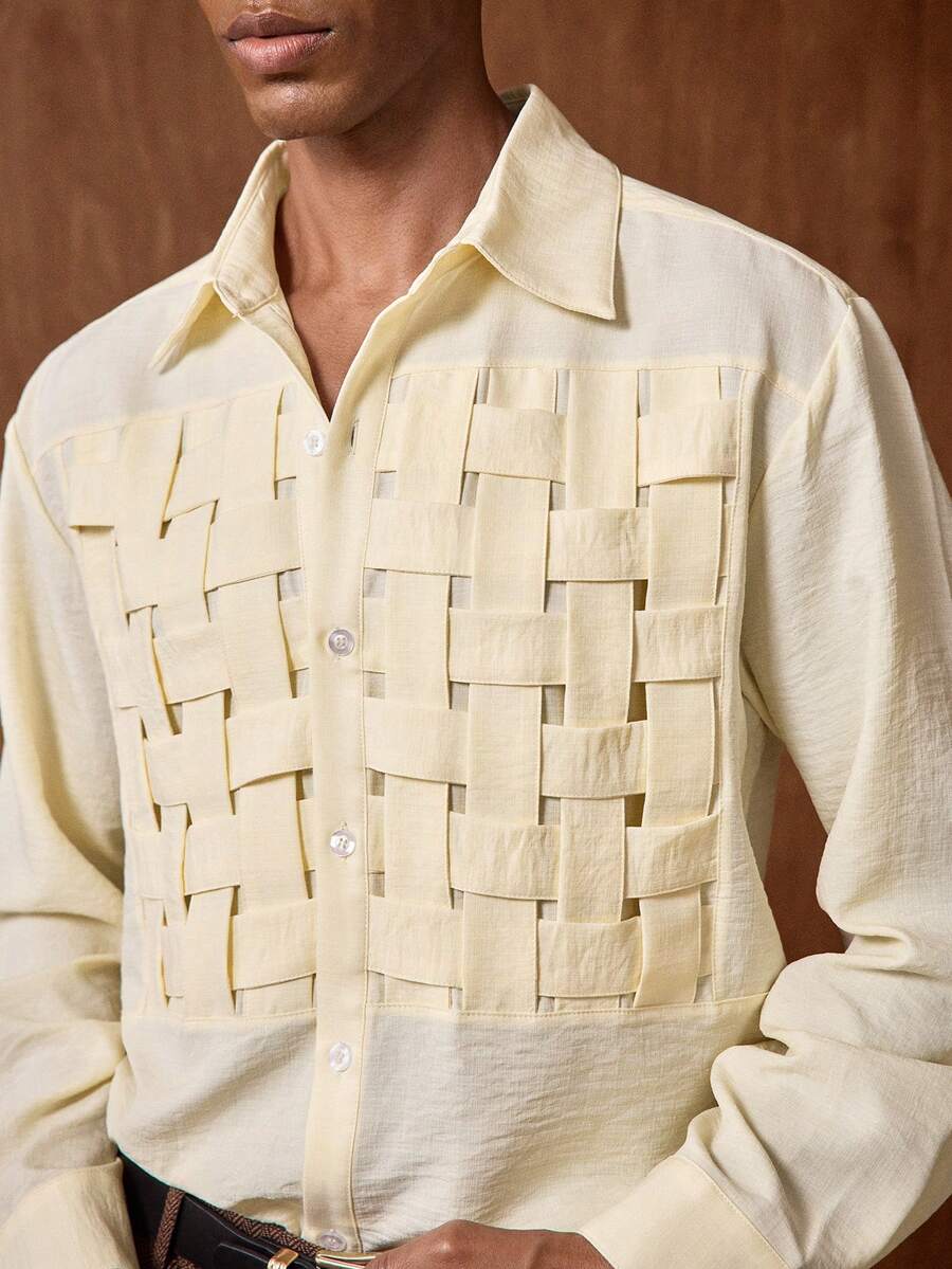 AKNOTIC 男士翻领单排扣条纹针织休闲/商务长袖衬衫 - 淡黃色 - 查看 1