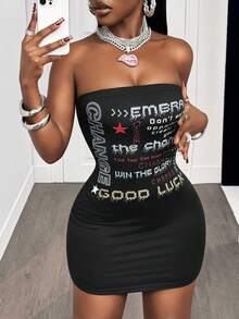 BamGleam Women's Strapless Letter Print Mini Dress - Black - View 1