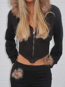 Sydney Algeri Y2K Gyaru Subculture 女式复古修身豹纹仿毛领连帽运动衫，长袖上衣 - 黑色 - 查看 4