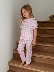 SHEIN 2pcs Girls Butterfly & Plaid Print Set, Peter Pan Collar Ruffle Trim Short Sleeve Top & Pants, Stretchy & Soft Fabric, Ideal For Casual Wear