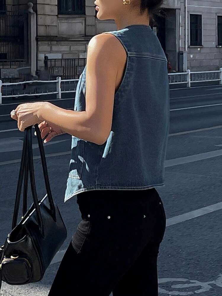 Women's Single-Breasted Denim Vest Top