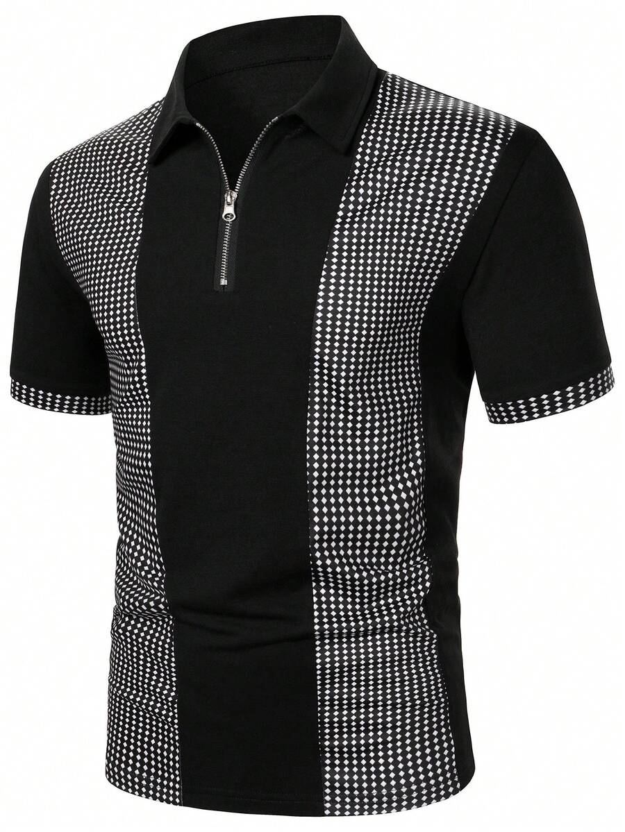 Manfinity Mode 男士休闲菱形拼接短袖Polo衫，夏季黑白男士衬衫拉链Polo衫，男士拉链衬衫，男士高尔夫球衫 - 黑色 - 查看 1
