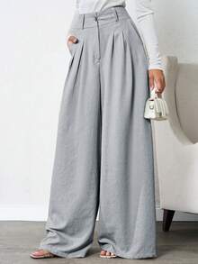 SHEIN Tall 女款純色深褶皺亞麻長褲，適合高個女性 - 灰色 - 查看 3