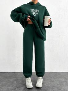 EURMUSE 女士 2 件套字母印花插肩袖连帽衫和运动裤休闲套装，秋冬