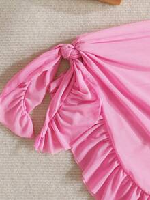 SHEIN Girls' Cute Cherry Heart Print Frill Sleeve One-Piece Swimsuit With Mesh Cover-Up, 2pcs Set, Pink - Pink - View 5