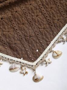 Sweetra 女士新款设计感高街优雅叠层复古纹理流苏简约修身短款不对称棕色T恤上衣，春夏款 - 棕色 - 查看 4