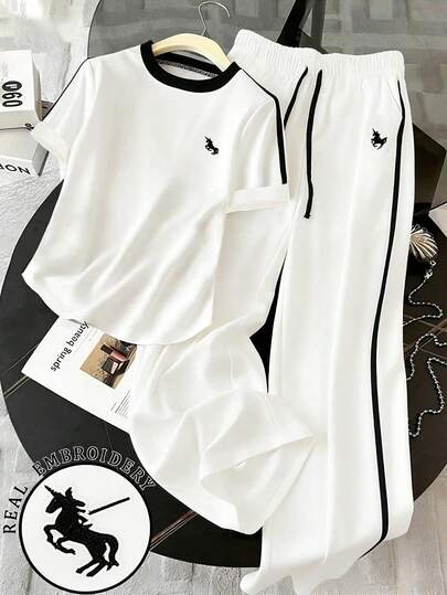 GlowEve 2pcs Women's Fashion Round Neck Embroidered Print Contrast Trim T-Shirt, Casual Elastic Waist Embroidered Wide Leg Pants Set