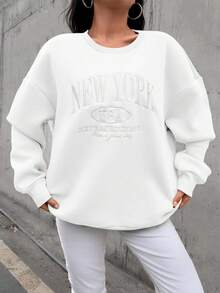 EURMUSE Letter Embroidery Warm Lined Sweatshirt - White - View 4