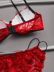 EmpressEnvy 粉色和黑色蕾丝内衣套装，镂空钩编工艺，性感细肩带设计，亲肤贴身 - 紅色 - 查看 4