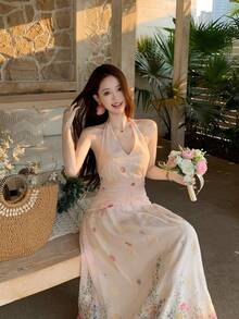 DAZY Women's Tie-Up Floral Midi Dress, Summer Holiday Style - Apricot - View 8