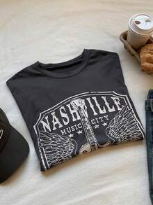 SHEIN EZwear 复古风格灰色老鹰字母图案落肩短款T恤 - 深灰色 - 查看 5