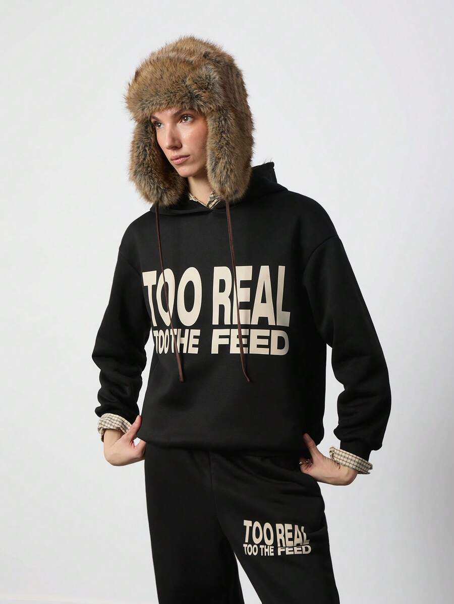 SURIMA 2pcs Women Black Casual Minimalist Hoodie Sweatshirt And Sweatpants Set, Streetwear