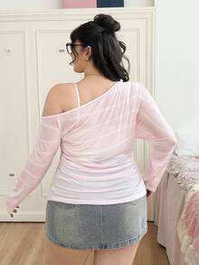 CovetEZ 大码女装，西式女装，休闲斜肩半透明长袖T恤，黑色 - 淺粉色 - 查看 2